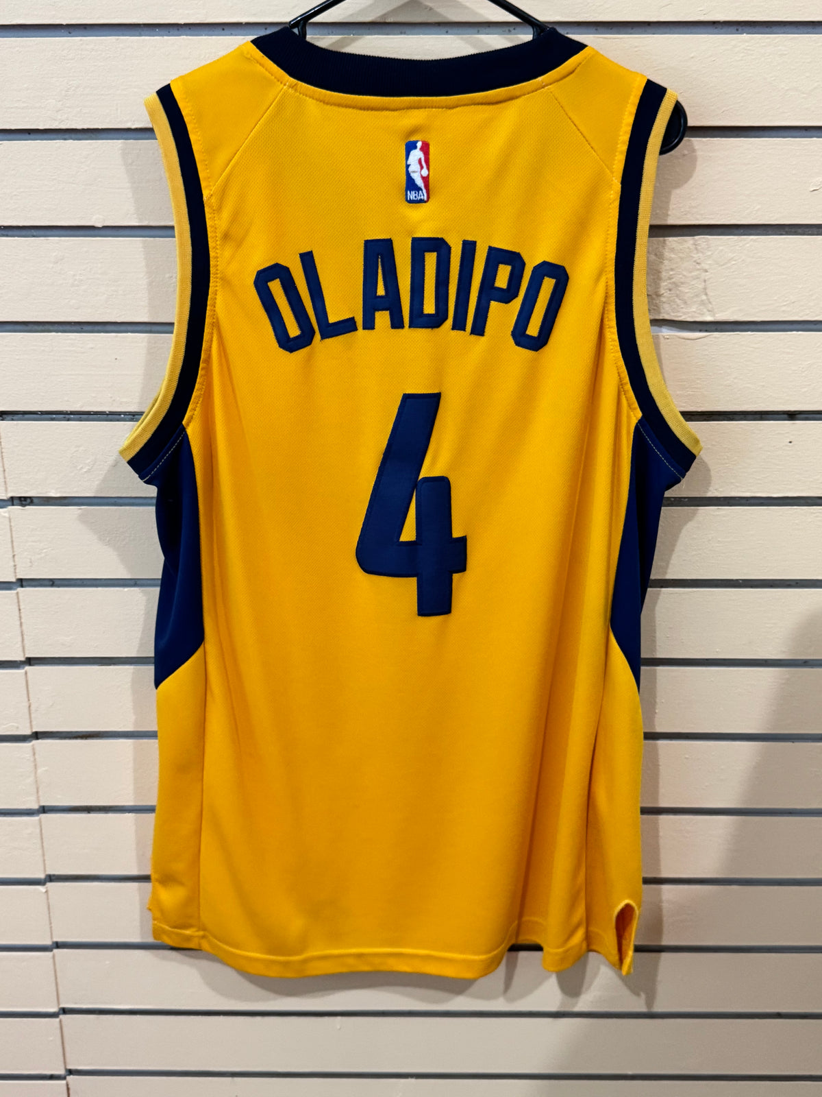 Gold Nike Statement Edition Indiana Pacers #4 Victor Oladipo swingman jersey size 50 XL featuring navy and gold