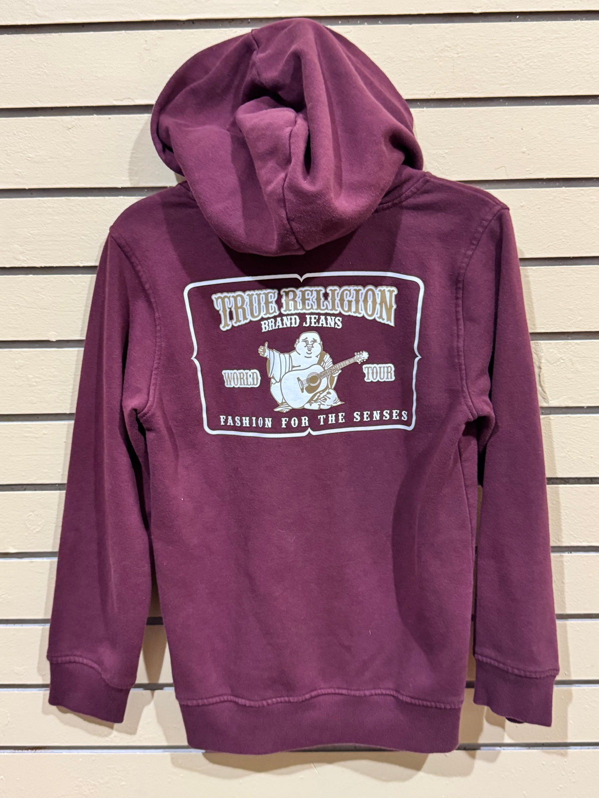 True Religion men's zip hoodie in burgundy size large back graphic of the Buddha