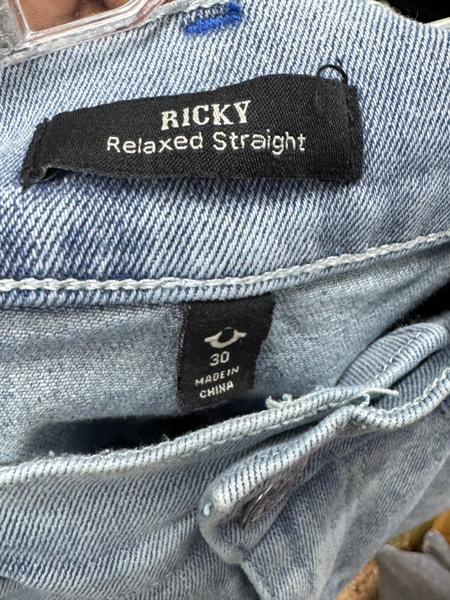 True Religion Distressed Blue Denim Ricky Relaxed Straight Straight-Leg size 30 Jeans with White Side Lacing