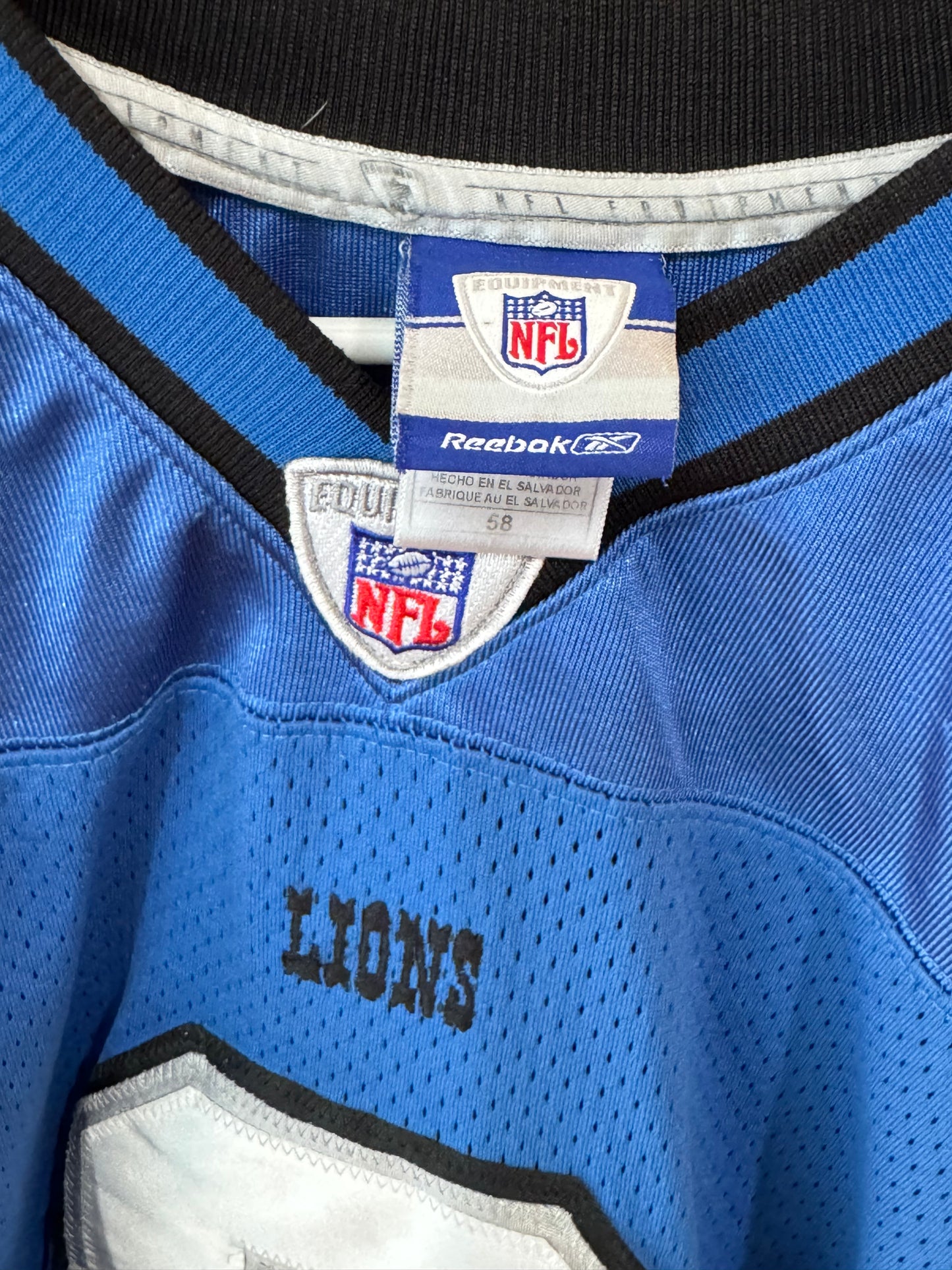 vintage Reebok On-Field Detroit Lions home jersey size 58 featuring quarterback Jon Kitna with his number 8.