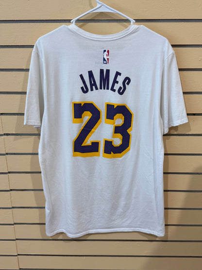 White Nike Los Angeles Lakers LeBron James #23 Dri-FIT NBA name number t-shirt size large