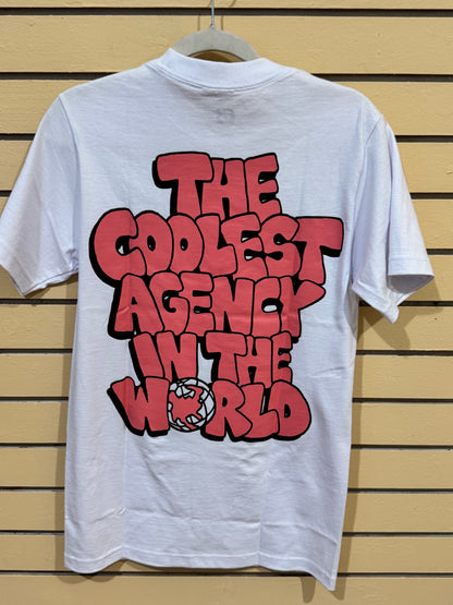 6Degrees red bubble-letter graffiti graphic t-shirt size small on the back with the phrase "The Coolest Agency in the World"
