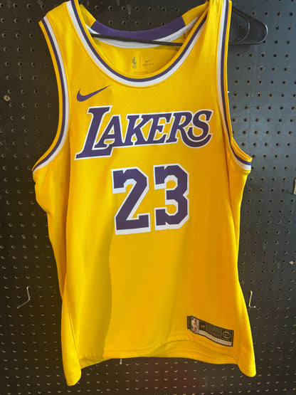 Nike LeBron James Los Angeles Lakers Icon Swingman Jersey, featuring gold mesh material and purple and white details size 48