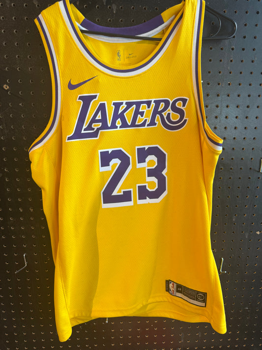 Nike LeBron James Los Angeles Lakers Icon Swingman Jersey, featuring gold mesh material and purple and white details size 48