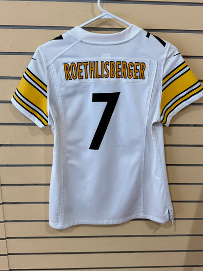Women's or youth Pittsburgh Steelers Nike Ben Roethlisberger #7 white replica jersey size medium featuring yellow-and-black striped sleeves.
