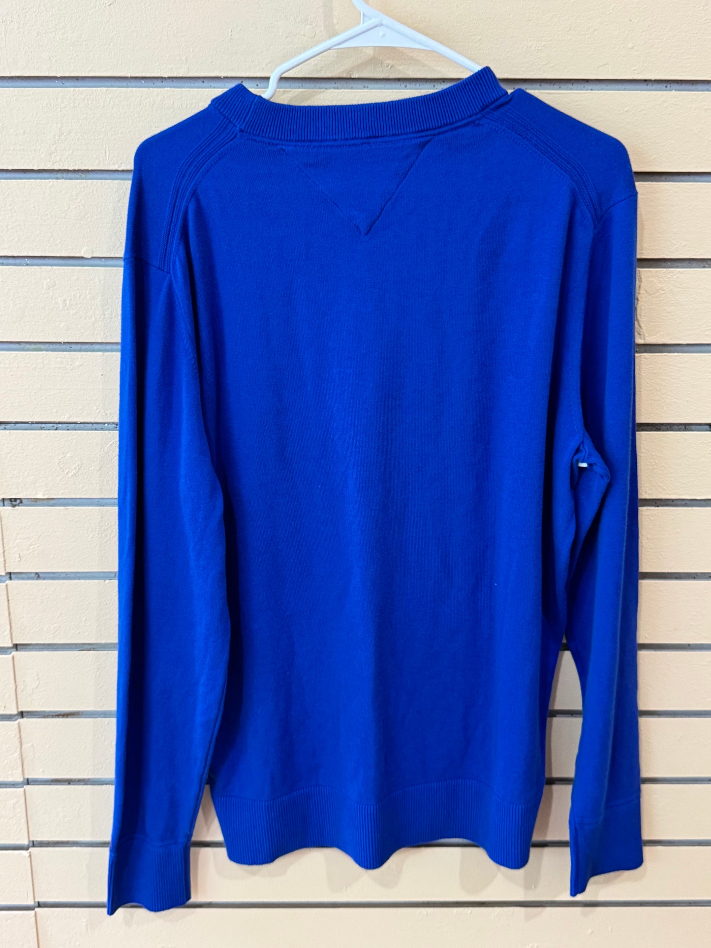 Blue Tommy Hilfiger Signature Script Colorblock Crewneck Sweater size large featuring a large embroidered logo.