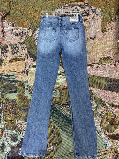 True Religion Distressed Blue Denim Ricky Relaxed Straight Straight-Leg size 30 Jeans with White Side Lacing