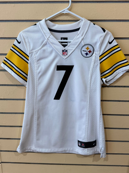 Women's or youth Pittsburgh Steelers Nike Ben Roethlisberger #7 white replica jersey size medium featuring yellow-and-black striped sleeves.