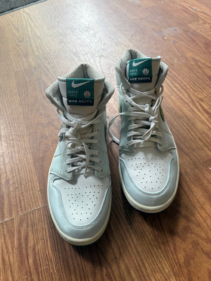 Nike Air Jordan 1 Mid SE "Mindfulness" size 13 from the Pregame Pack, featuring a white leather upper with a green Swoosh