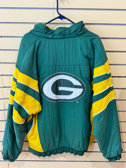 Vintage 1990s NFL Pro Line Green Bay Packers Starter half-zip pullover jacket size large, front pouch pocket and a packable hood.
