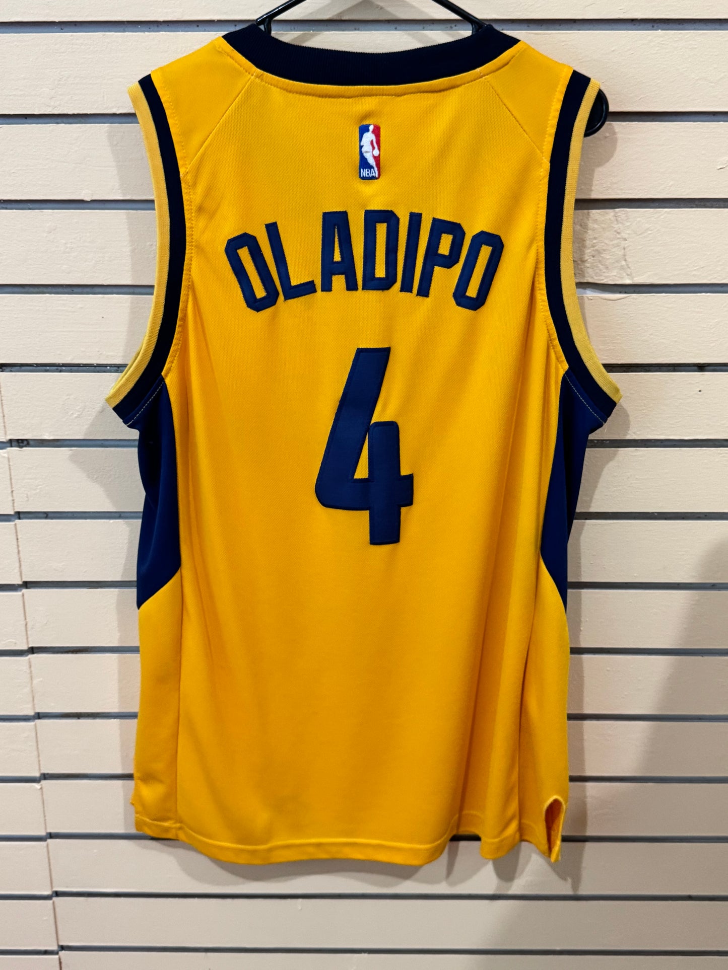 Gold Nike Statement Edition Indiana Pacers #4 Victor Oladipo swingman jersey size 50 XL featuring navy and gold