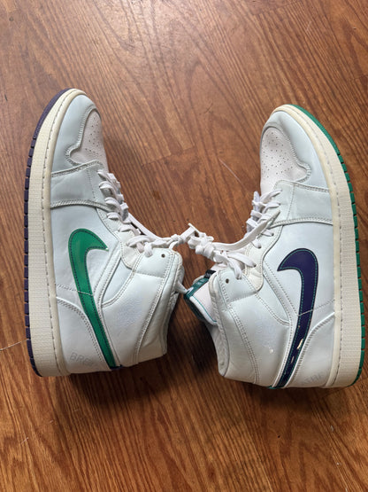Nike Air Jordan 1 Mid SE "Mindfulness" size 13 from the Pregame Pack, featuring a white leather upper with a green Swoosh
