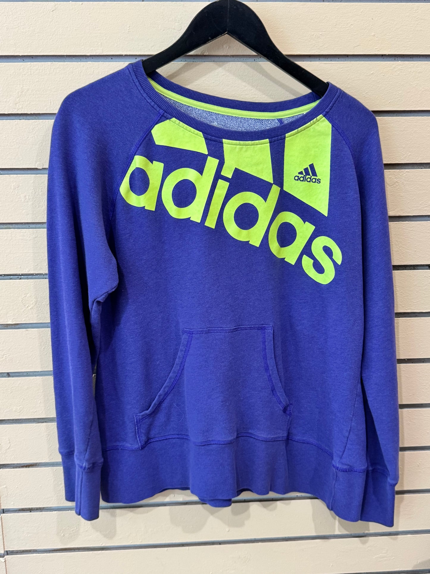 Adidas purple and neon crewneck sweatshirt size large featuring a prominent neon green logo