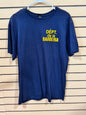 blue cotton graphic t-shirt size large featuring the yellow text "DÉPT. de la BARBERIA" printed on the back
