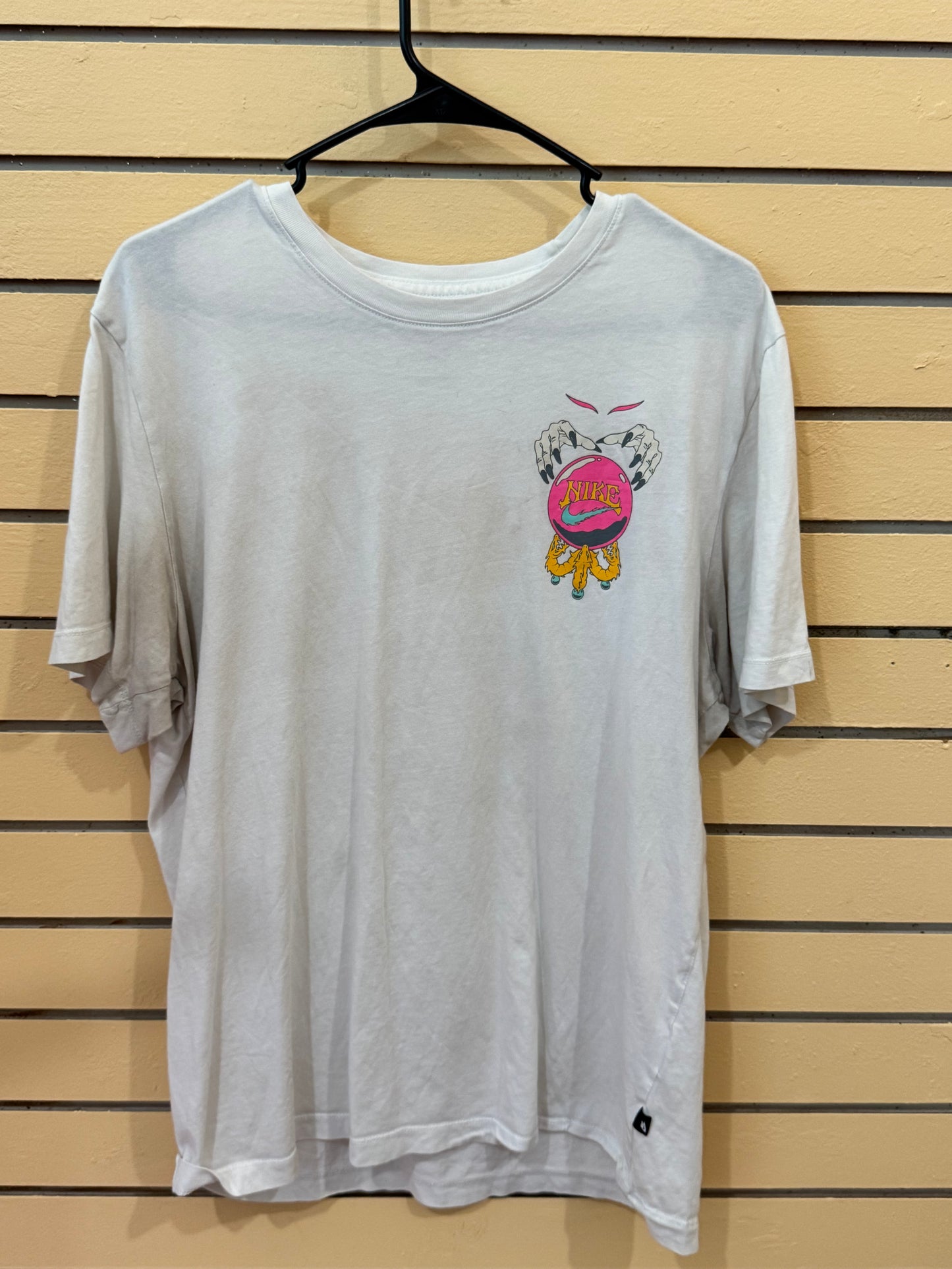 white Nike Fantasy/Mystic Magic t-shirt features size large