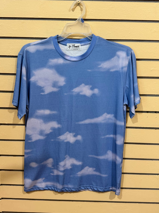 Official Prince merchandise blue sky and white clouds all-over print crew neck t-shirt size medium featuring the iconic Love Symbol on the inner neck label.