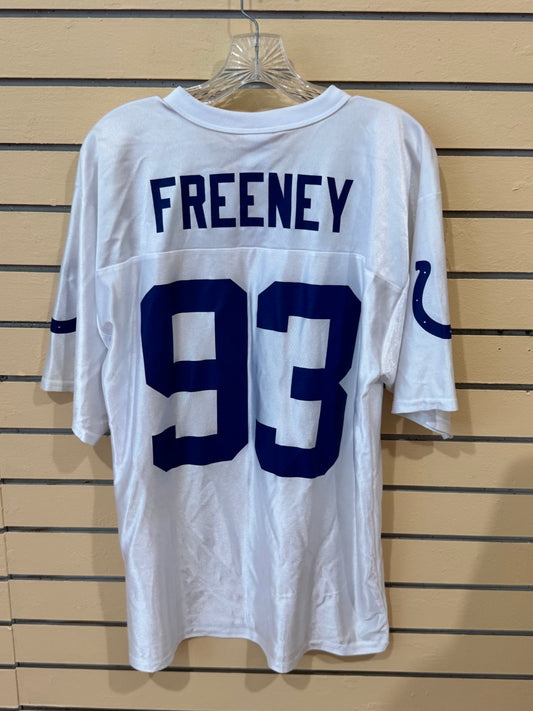 Vintage NFL Team Apparel Indianapolis Colts #93 Dwight Freeney white replica jersey size medium featuring bold blue block numbers on a mesh body.