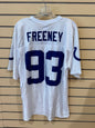 Vintage NFL Team Apparel Indianapolis Colts #93 Dwight Freeney white replica jersey size medium featuring bold blue block numbers on a mesh body.