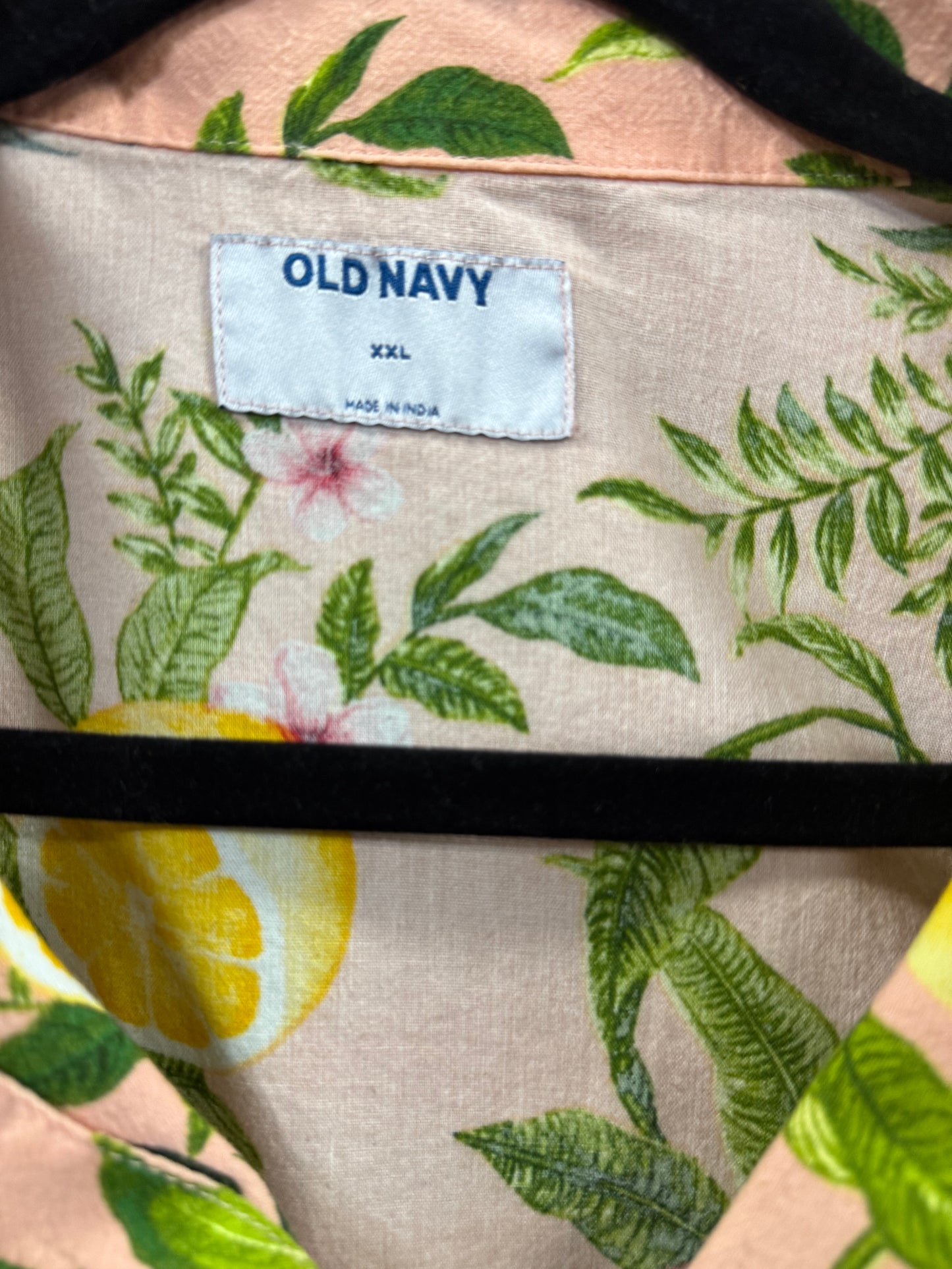 Old Navy men's pink short-sleeve camp shirt size xxl tropical lemon and green leaf pattern
