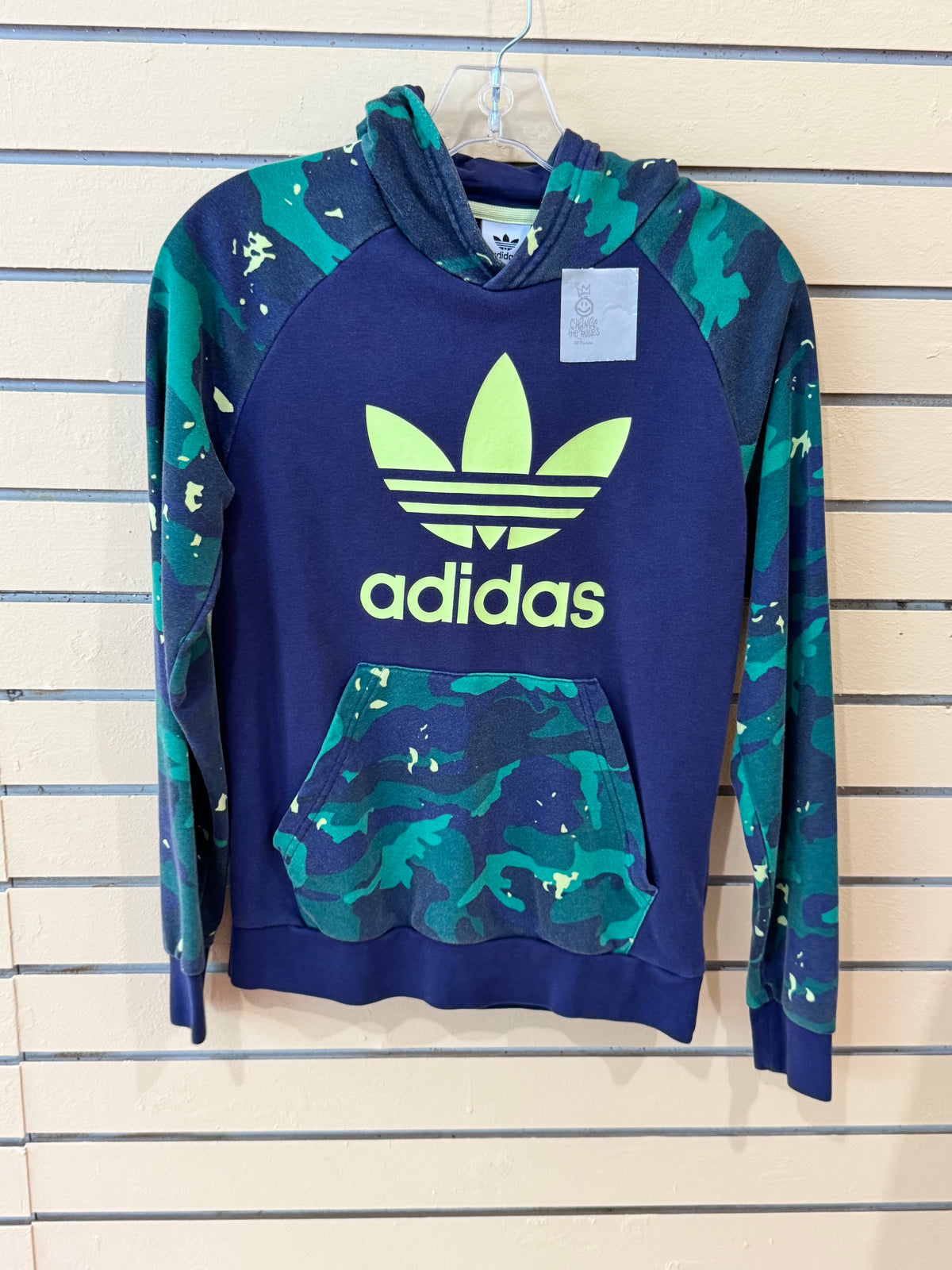 Boys Adidas Originals Camo Print Hoodie size youth large in a blue, green, and neon yellow colorway.