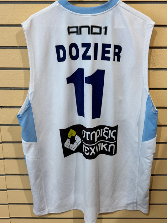 White and Blue AND1 basketball jersey features the name "DOZIER" and number 11 size 3xl