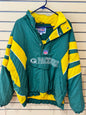 Vintage 1990s NFL Pro Line Green Bay Packers Starter half-zip pullover jacket size large, front pouch pocket and a packable hood.