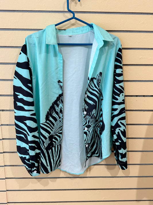 turquoise long-sleeve button-up shirt size xl with a striking graphic zebra face printed  and zebra stripe sleeves.