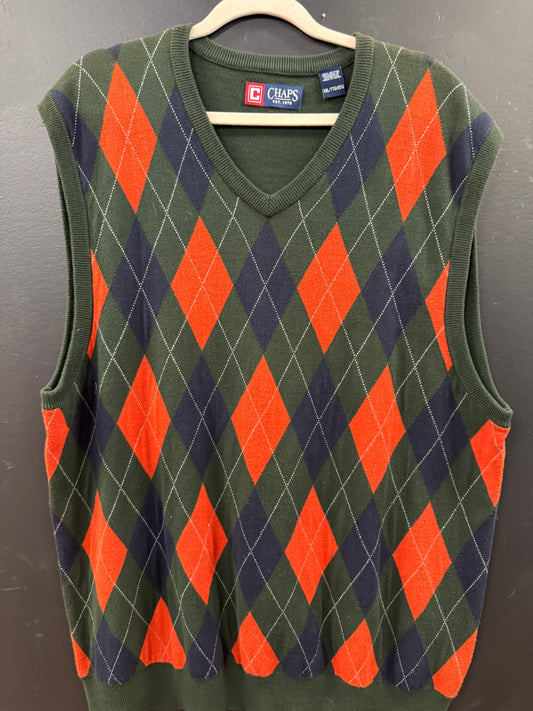 Chaps V-neck sweater vest size xxl green, orange, and navy blue argyle diamond pattern.