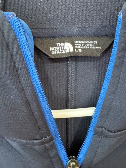 North Face Men's Apex Canyonwall Hybrid Hoodie size large in blue with prominent orange logo and zipper detailing.