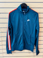 Nike Tribute track jacket size small teal body with red and white stripe accents along the sleeves.
