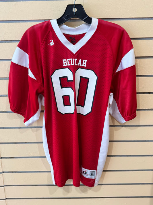 Vintage red mesh Badger Sport football jersey size large featuring the name "BEULAH" and the number 60 in white with black trim