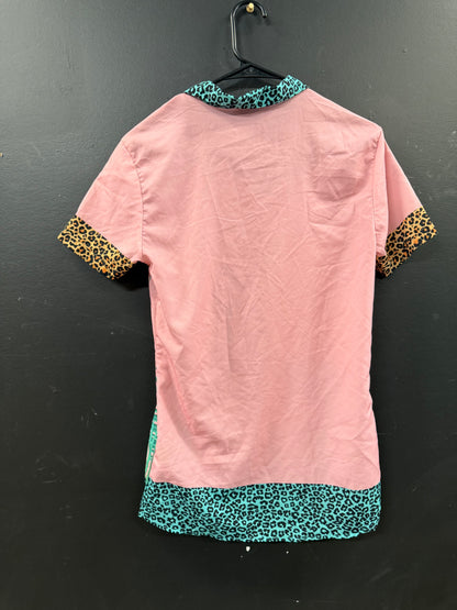 Pink Short-sleeve button-up shirt size xs turquoise and green palm leaf print, contrasted with a bold leopard-patterned collar