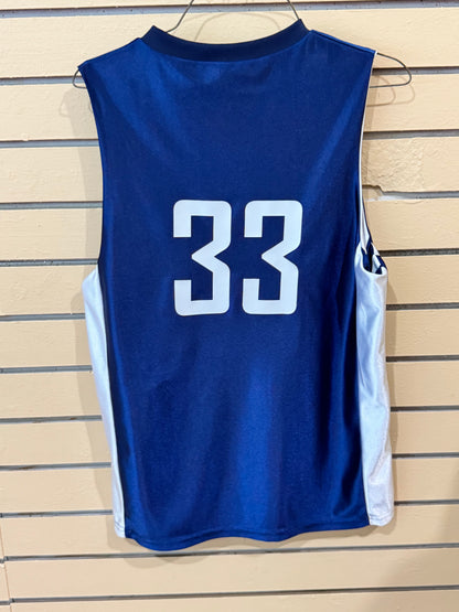 Royal Blue and White reversible youth basketball jersey size large featuring "PACERS 33,"