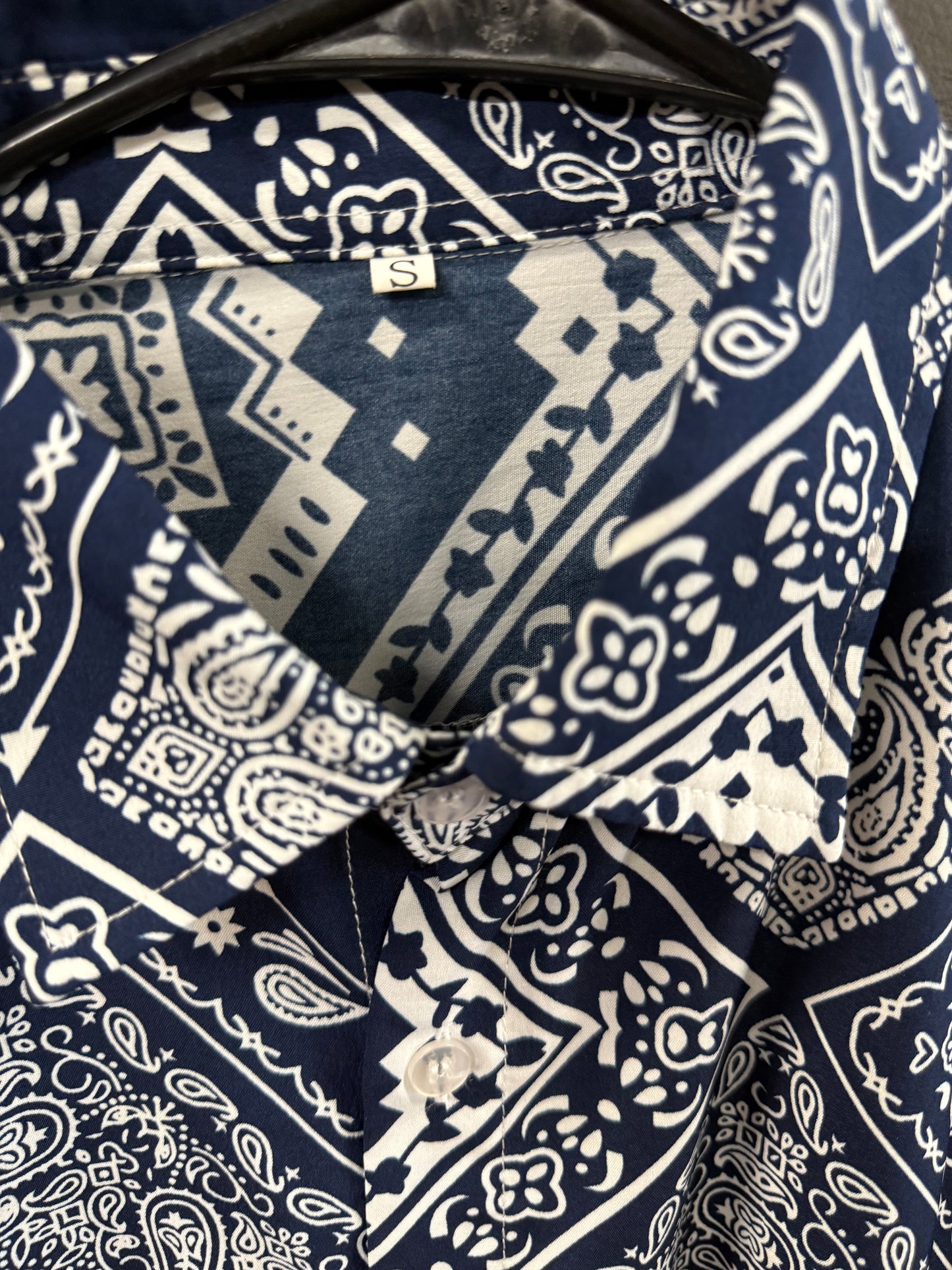Navy Blue short-sleeve button-down shirt size small intricate white patchwork paisley and bandana-style print