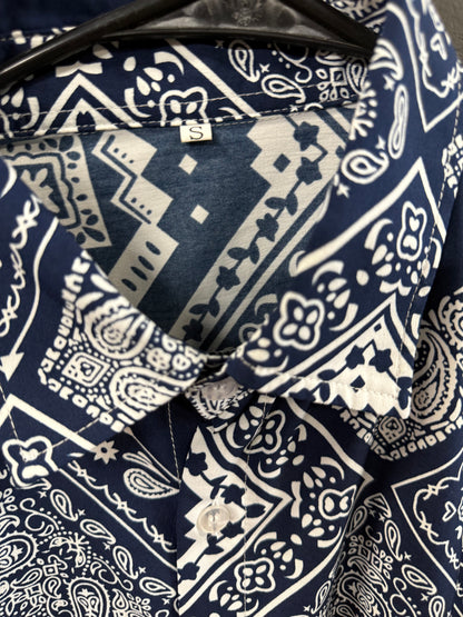 Navy Blue short-sleeve button-down shirt size small intricate white patchwork paisley and bandana-style print