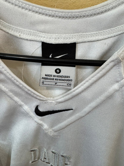 White Nike athletic football jersey size small featuring a large striped number "2" on the front and green sleeve cuffs.