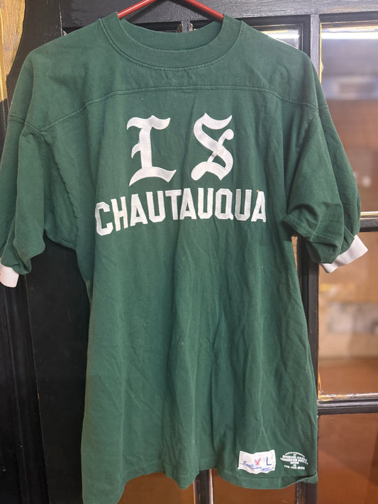 Dark Green Vintage-style Athletic Jersey size large featuring "IS CHAUTAUQUA"