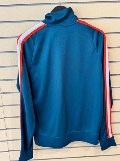 Nike Tribute track jacket size small teal body with red and white stripe accents along the sleeves.