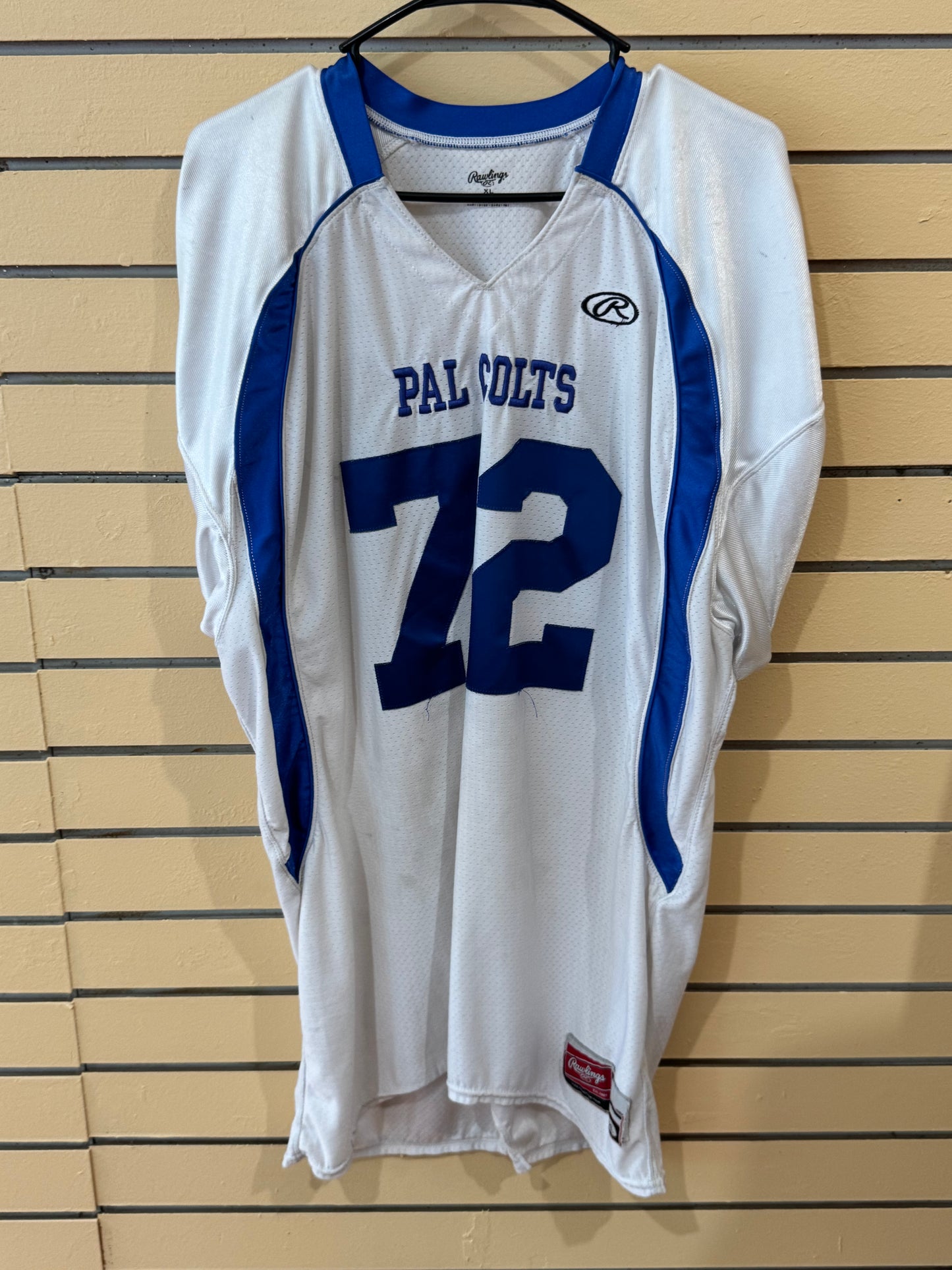 White Rawlings "Pal Colts" football jersey in youth size XL blue number 72