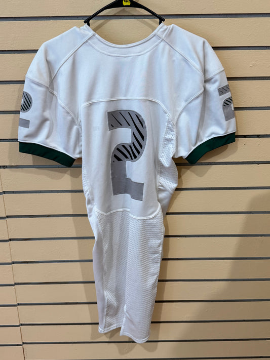 White Nike athletic football jersey size small featuring a large striped number "2" on the front and green sleeve cuffs.