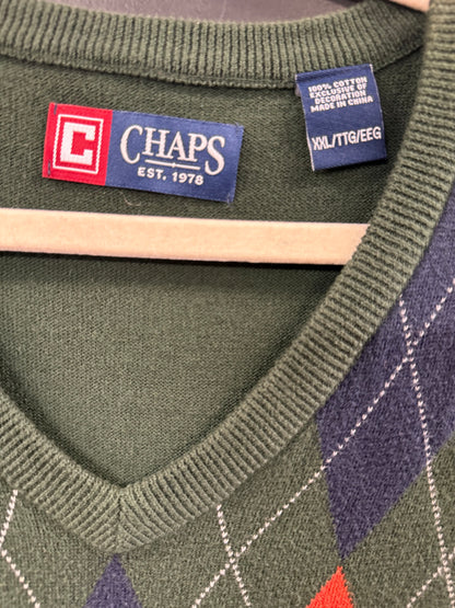 Chaps V-neck sweater vest size xxl green, orange, and navy blue argyle diamond pattern.