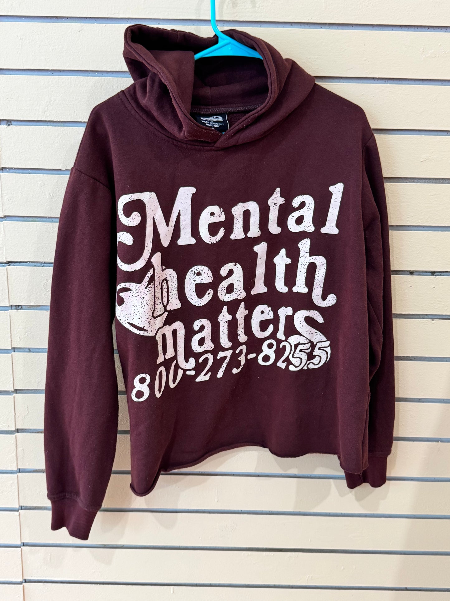 Euphoric777 maroon hoodie size small features a "Mental Health Matters" graphic with a phone number on the front.