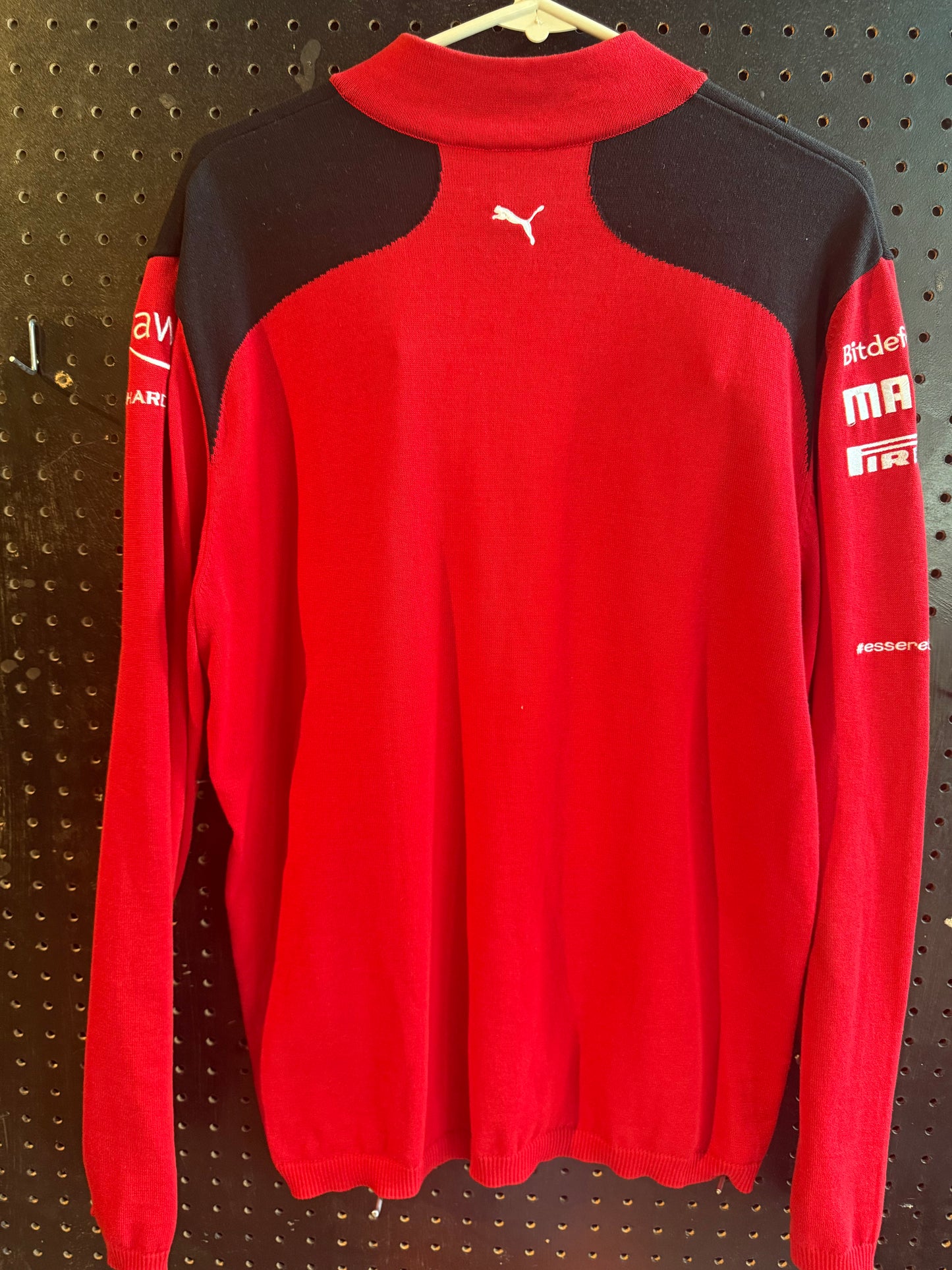 Puma Scuderia Ferrari F1 2023 Team Half-Zip Sweatshirt in red, featuring embroidered team logos and sponsor graphics. Size Large
