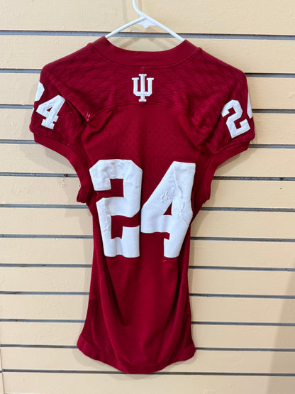Red Adidas Indiana Hoosiers #24 game-used or team-issued tech-fit college football jersey with the Big Ten logo on the chest.