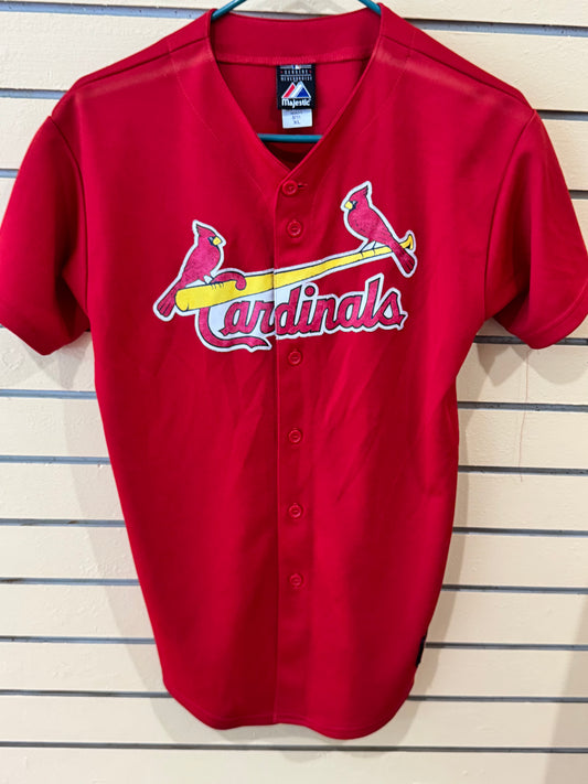 vintage Majestic Athletic red St. Louis Cardinals size youth xl alternate cool base baseball jersey featuring the iconic "birds on the bat" chest logo