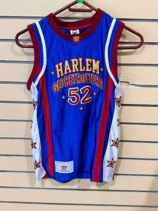 Vintage blue and red Harlem Globetrotters "Big Easy" #52 jersey size xl features yellow and red tackle-twill lettering for player Nathaniel "Big Easy" Lofton.
