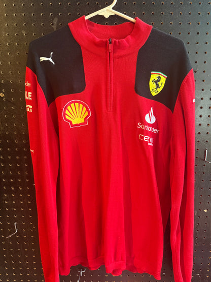 Puma Scuderia Ferrari F1 2023 Team Half-Zip Sweatshirt in red, featuring embroidered team logos and sponsor graphics. Size Large