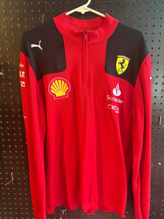 Puma Scuderia Ferrari F1 2023 Team Half-Zip Sweatshirt in red, featuring embroidered team logos and sponsor graphics. Size Large