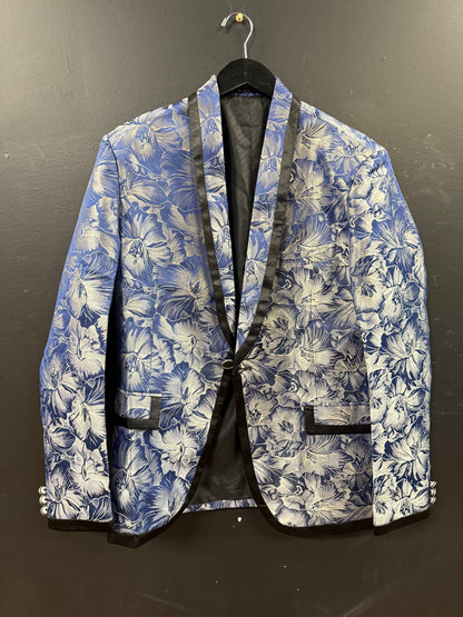 CloudStyle Blue and Silver floral jacquard men's blazer size medium with a black shawl lapel
