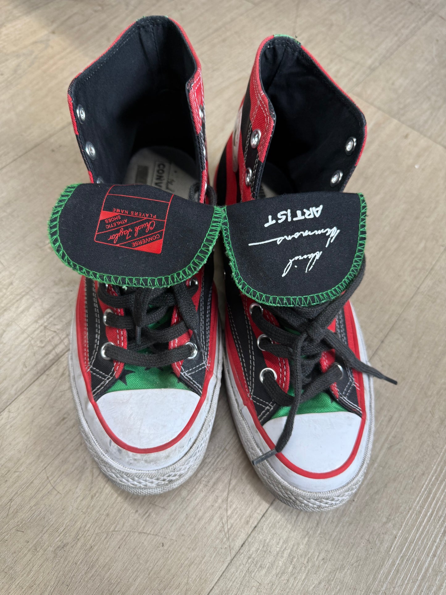 Converse x Denim Tears Chuck 70 High sneakers size 9 featuring a distinct Pan-African flag